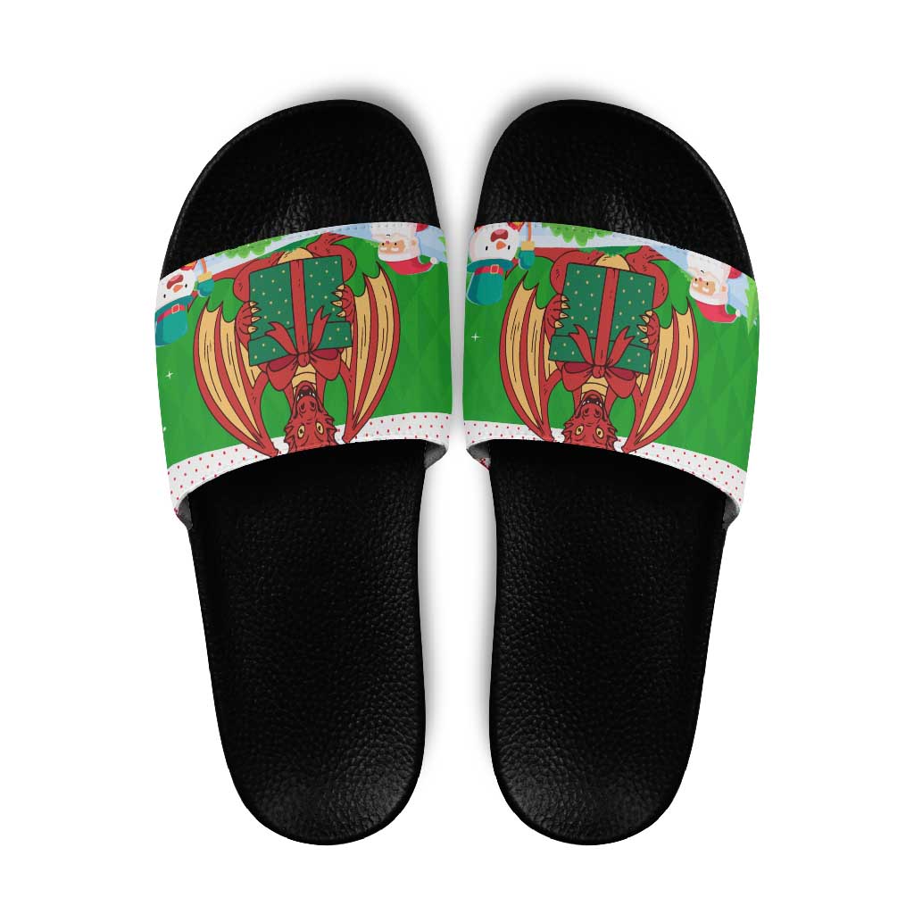 Wales Christmas Slide Sandals with Red Dragon Gift and Holiday Crest Snow Scene TS04