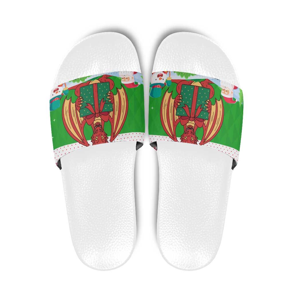 Wales Christmas Slide Sandals with Red Dragon Gift and Holiday Crest Snow Scene TS04
