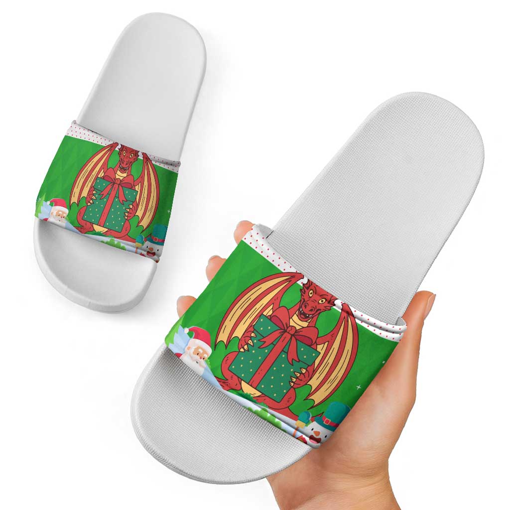 Wales Christmas Slide Sandals with Red Dragon Gift and Holiday Crest Snow Scene TS04