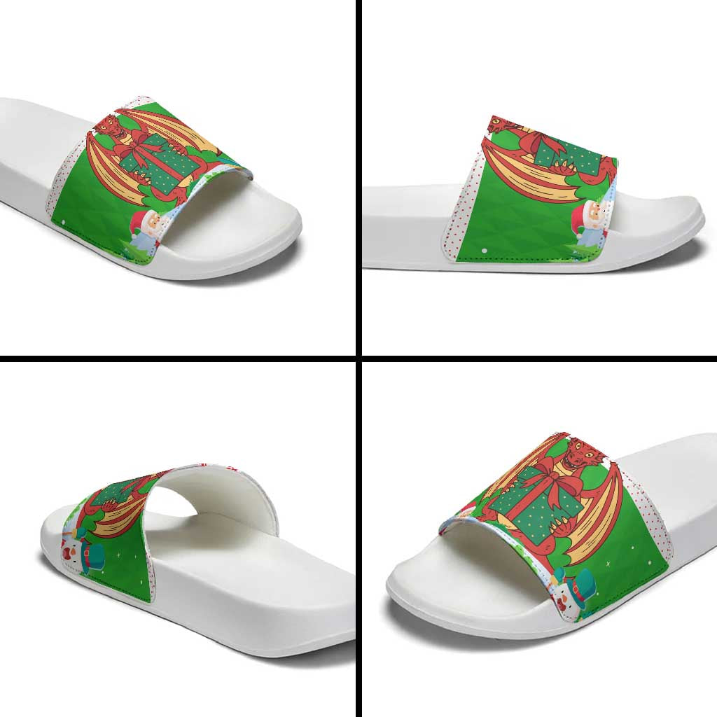 Wales Christmas Slide Sandals with Red Dragon Gift and Holiday Crest Snow Scene TS04