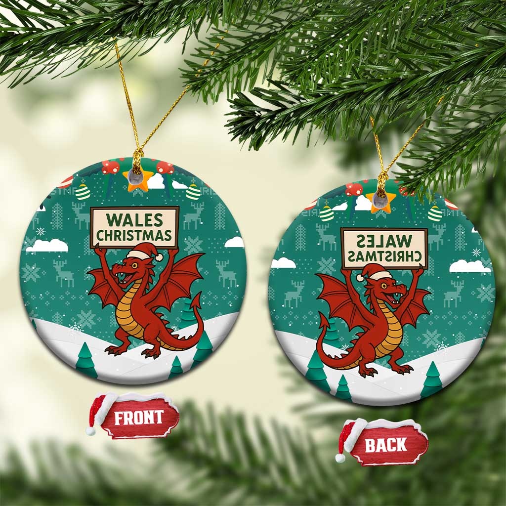 Wales Christmas Ceramic Ornament with Red Dragon Santa Sleigh and Festive Green Snowflake TS04