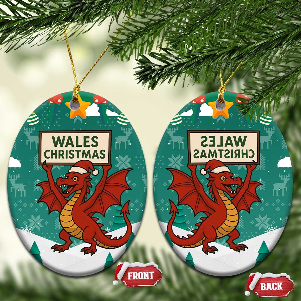 Wales Christmas Ceramic Ornament with Red Dragon Santa Sleigh and Festive Green Snowflake TS04