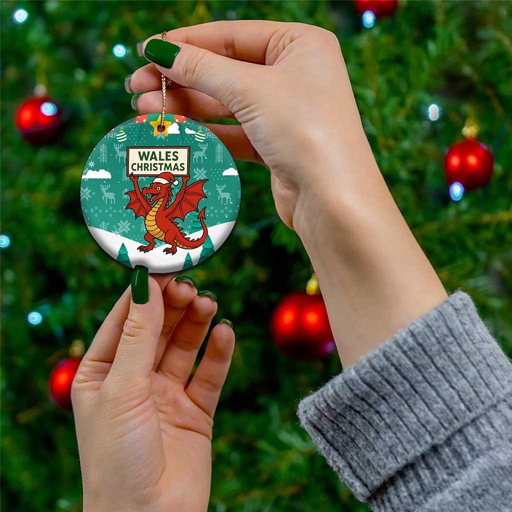 Wales Christmas Ceramic Ornament with Red Dragon Santa Sleigh and Festive Green Snowflake TS04