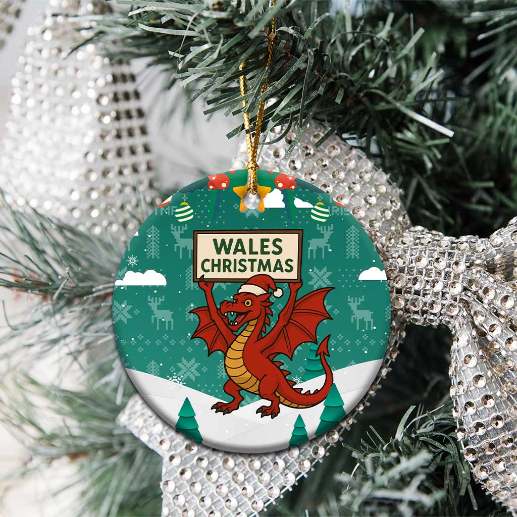 Wales Christmas Ceramic Ornament with Red Dragon Santa Sleigh and Festive Green Snowflake TS04