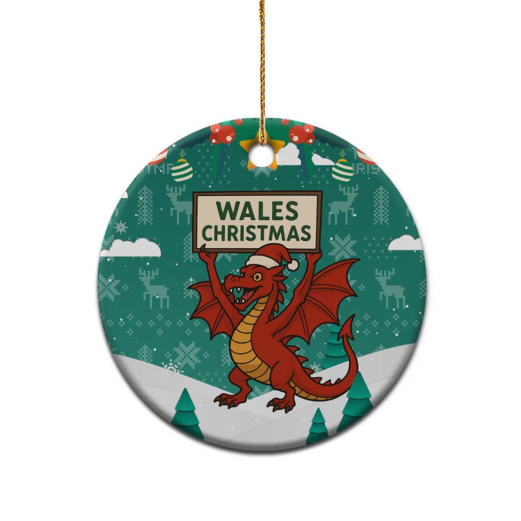 Wales Christmas Ceramic Ornament with Red Dragon Santa Sleigh and Festive Green Snowflake TS04