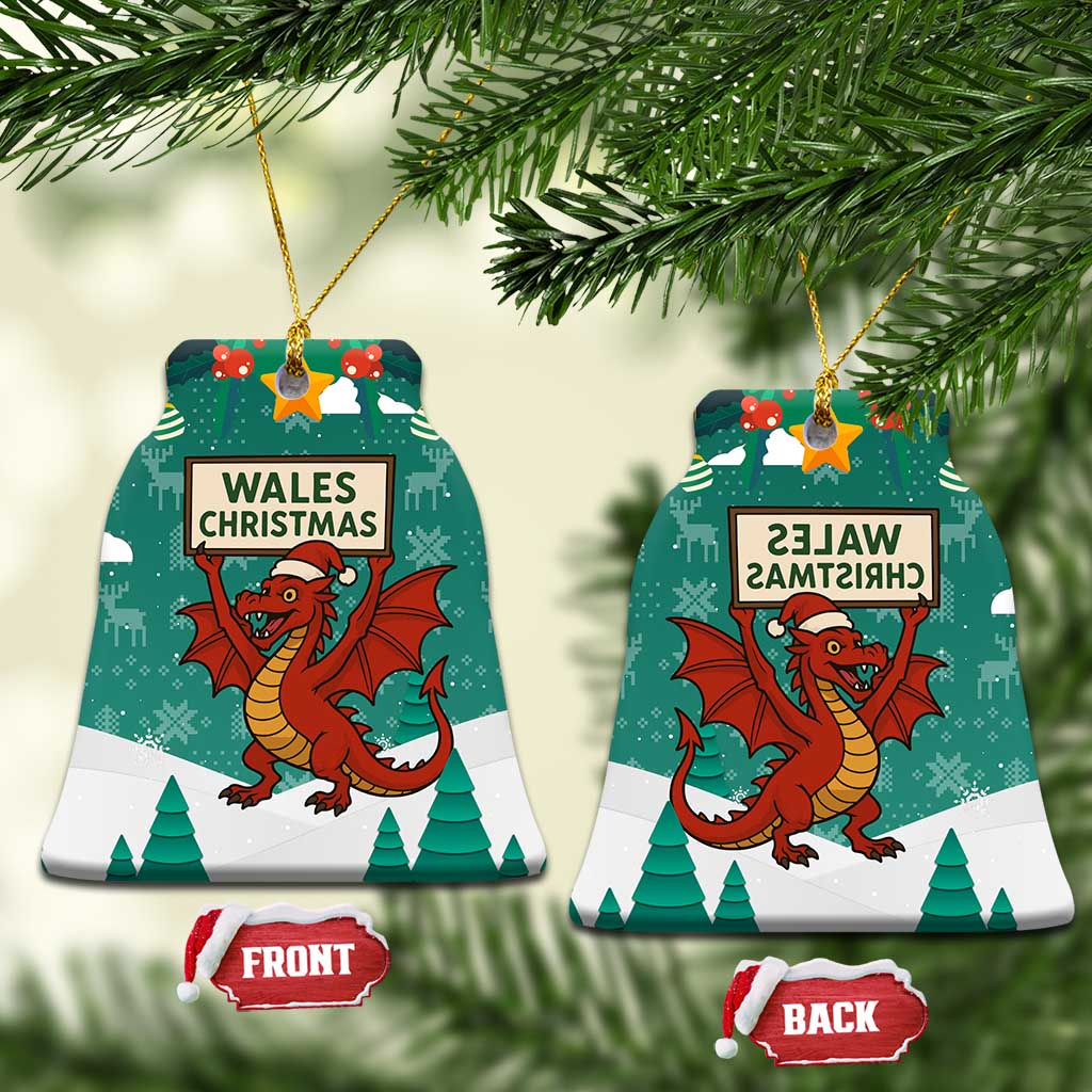 Wales Christmas Ceramic Ornament with Red Dragon Santa Sleigh and Festive Green Snowflake TS04