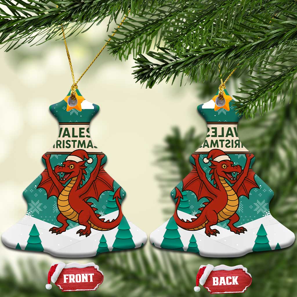 Wales Christmas Ceramic Ornament with Red Dragon Santa Sleigh and Festive Green Snowflake TS04