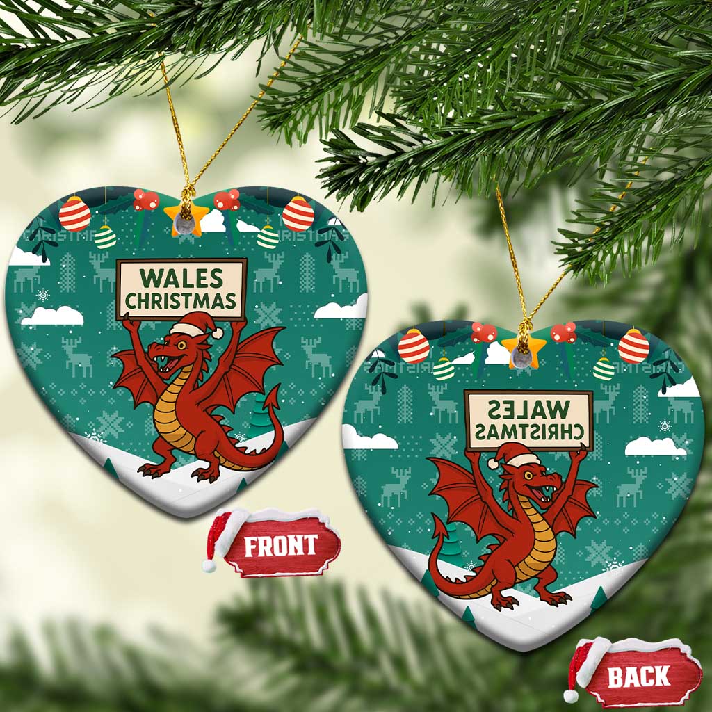 Wales Christmas Ceramic Ornament with Red Dragon Santa Sleigh and Festive Green Snowflake TS04