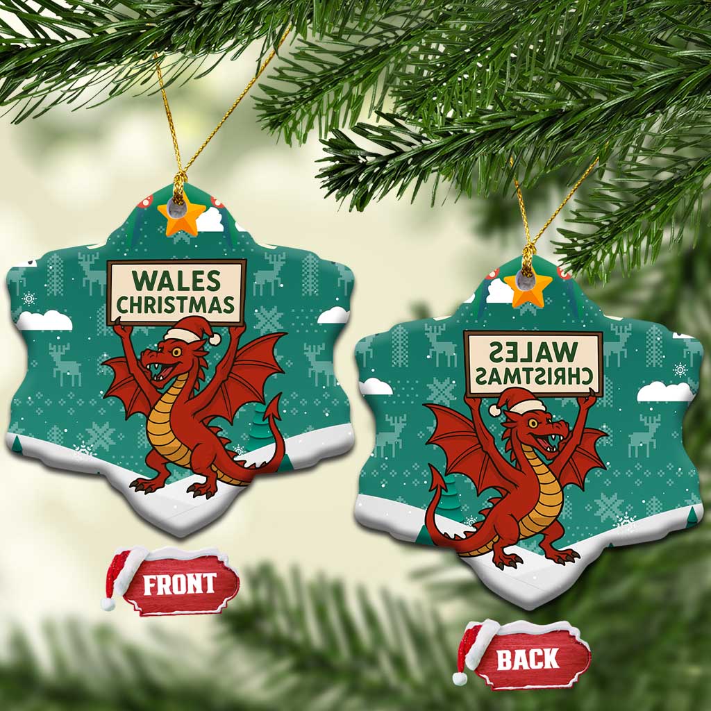 Wales Christmas Ceramic Ornament with Red Dragon Santa Sleigh and Festive Green Snowflake TS04