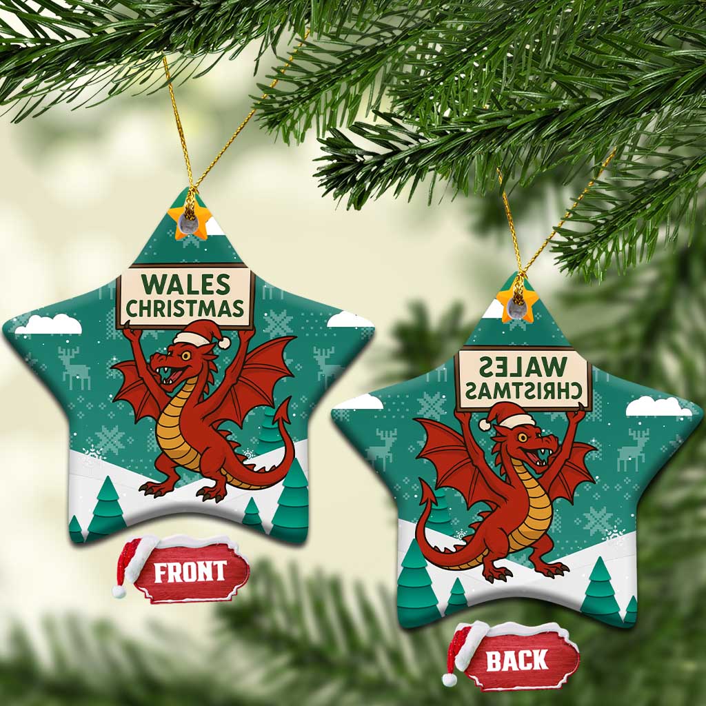 Wales Christmas Ceramic Ornament with Red Dragon Santa Sleigh and Festive Green Snowflake TS04