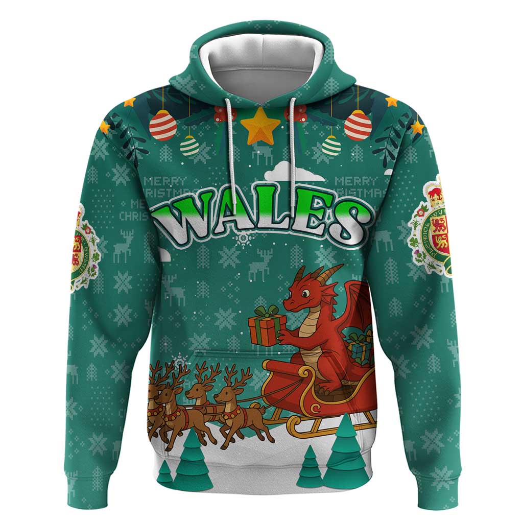 Wales Christmas Hoodie with Red Dragon Santa Sleigh and Festive Green Snowflake TS04