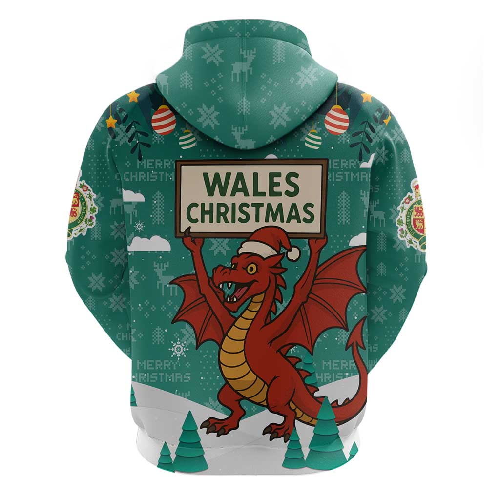 Wales Christmas Hoodie with Red Dragon Santa Sleigh and Festive Green Snowflake TS04