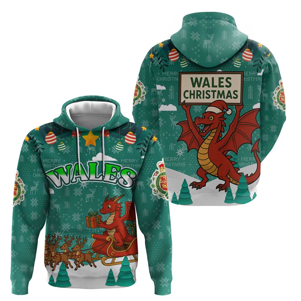 Wales Christmas Hoodie with Red Dragon Santa Sleigh and Festive Green Snowflake TS04