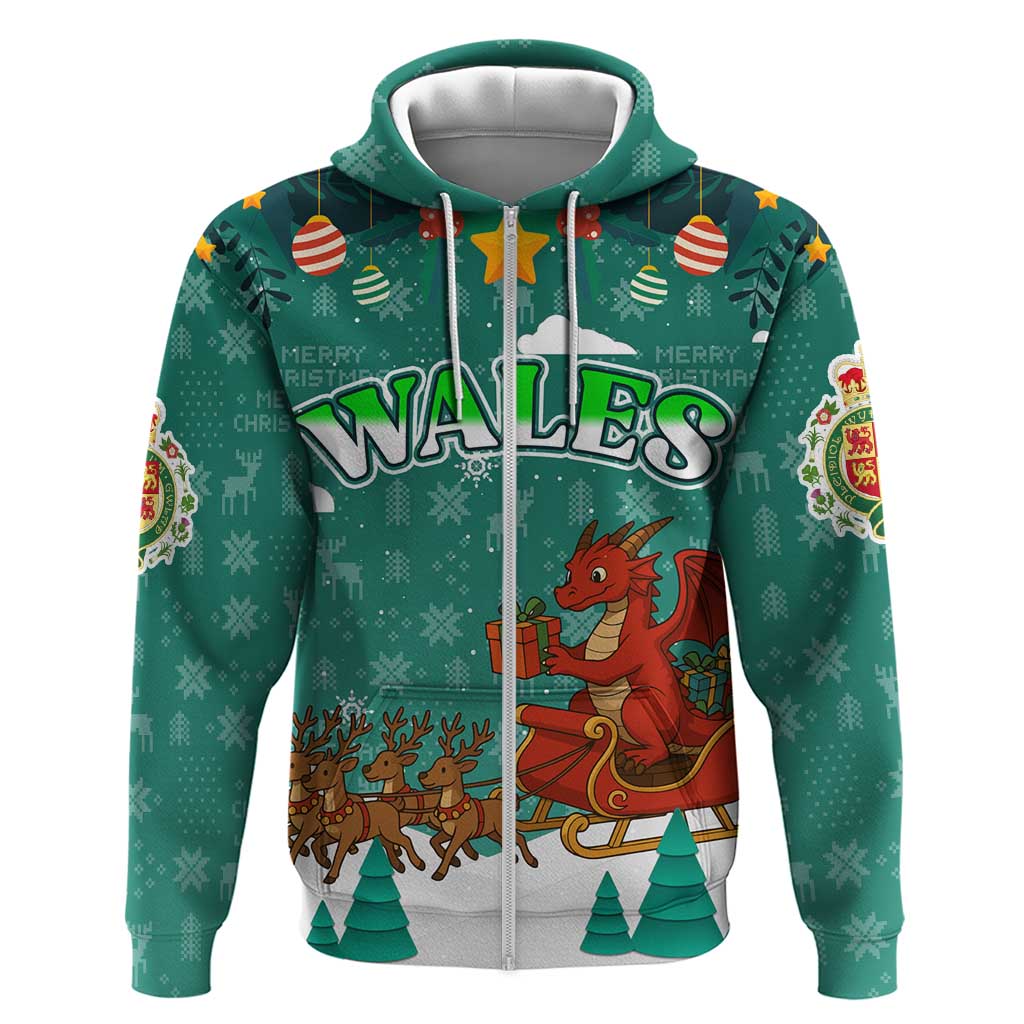 Wales Christmas Hoodie with Red Dragon Santa Sleigh and Festive Green Snowflake TS04