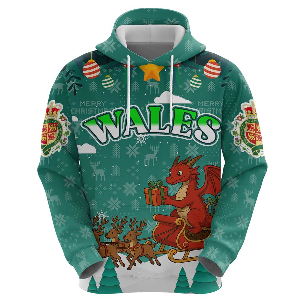 Wales Christmas Hoodie with Red Dragon Santa Sleigh and Festive Green Snowflake TS04