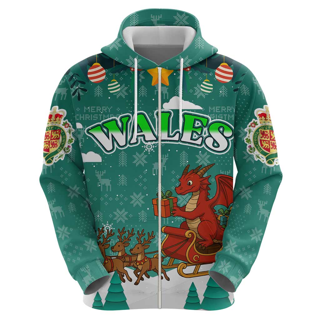Wales Christmas Hoodie with Red Dragon Santa Sleigh and Festive Green Snowflake TS04