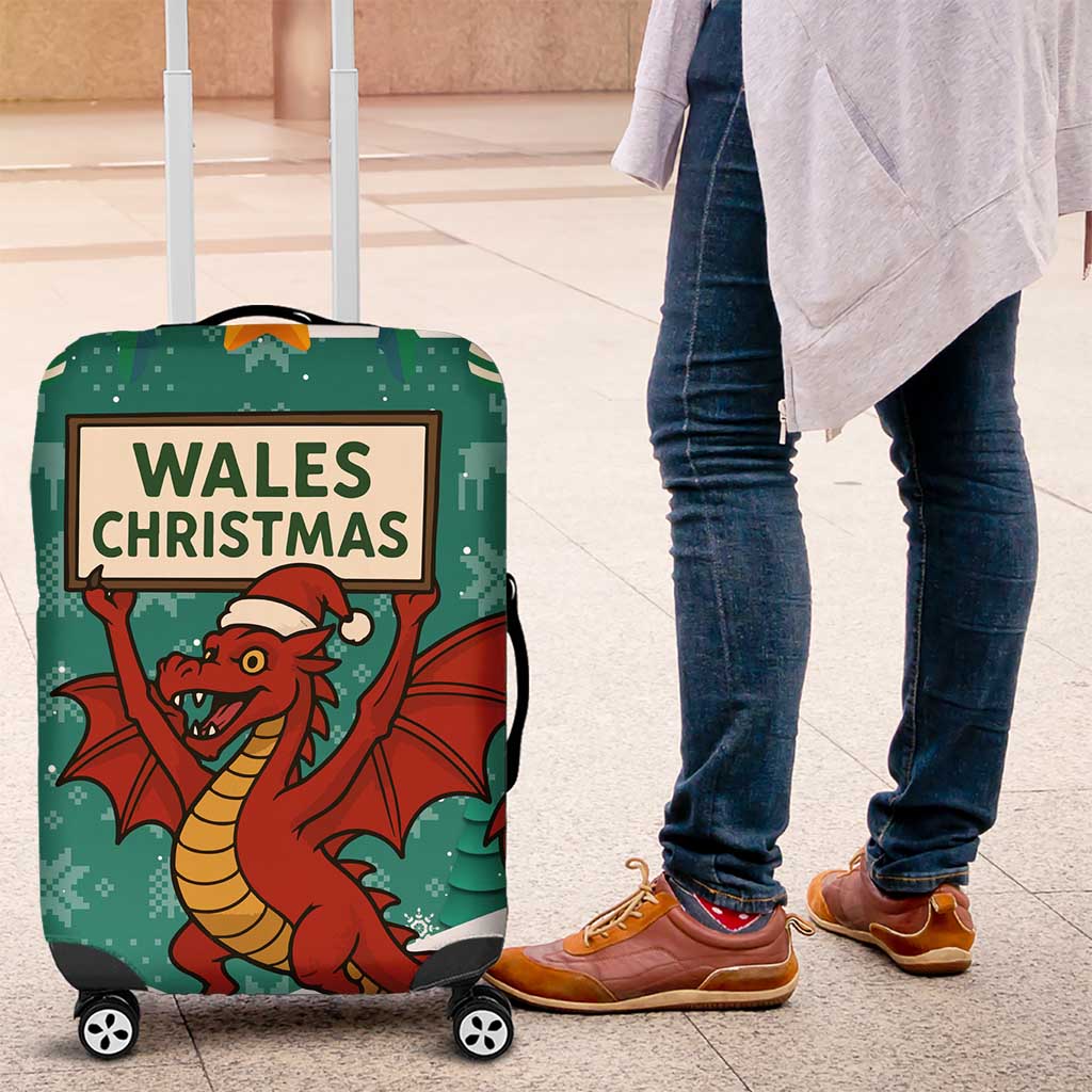 Wales Christmas Luggage Cover with Red Dragon Santa Sleigh and Festive Green Snowflake TS04