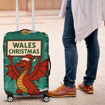 Wales Christmas Luggage Cover with Red Dragon Santa Sleigh and Festive Green Snowflake TS04