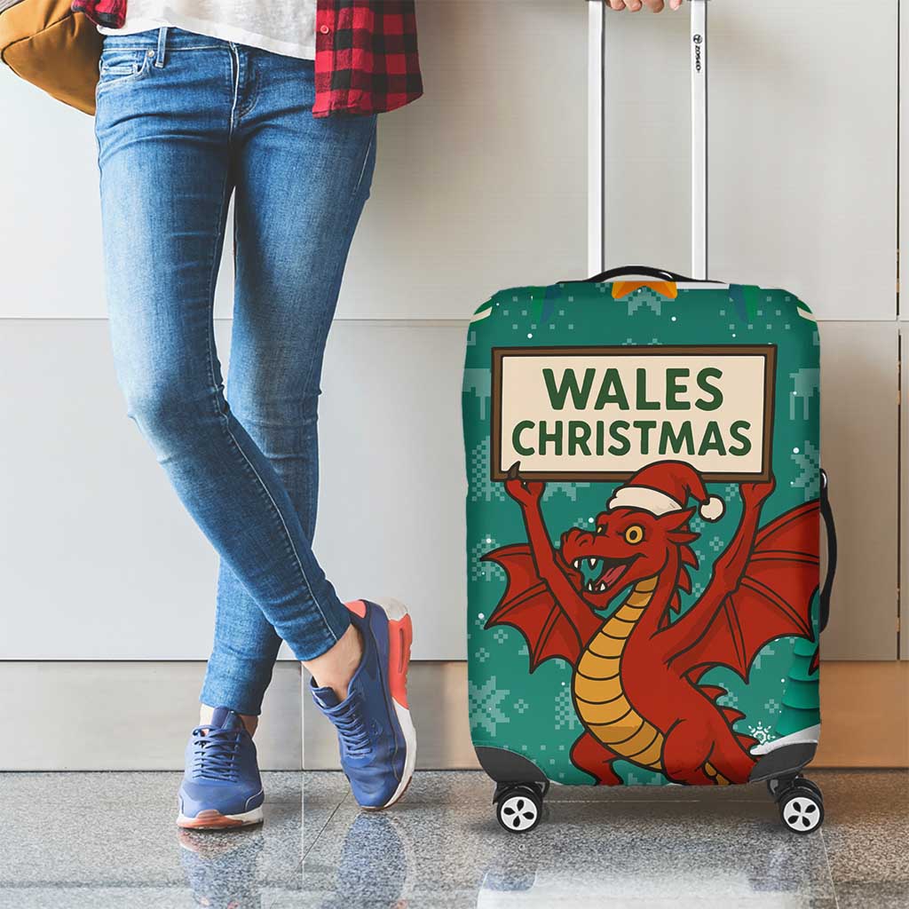 Wales Christmas Luggage Cover with Red Dragon Santa Sleigh and Festive Green Snowflake TS04