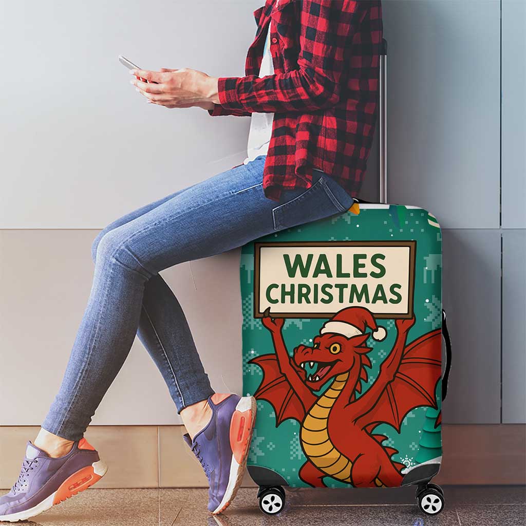 Wales Christmas Luggage Cover with Red Dragon Santa Sleigh and Festive Green Snowflake TS04