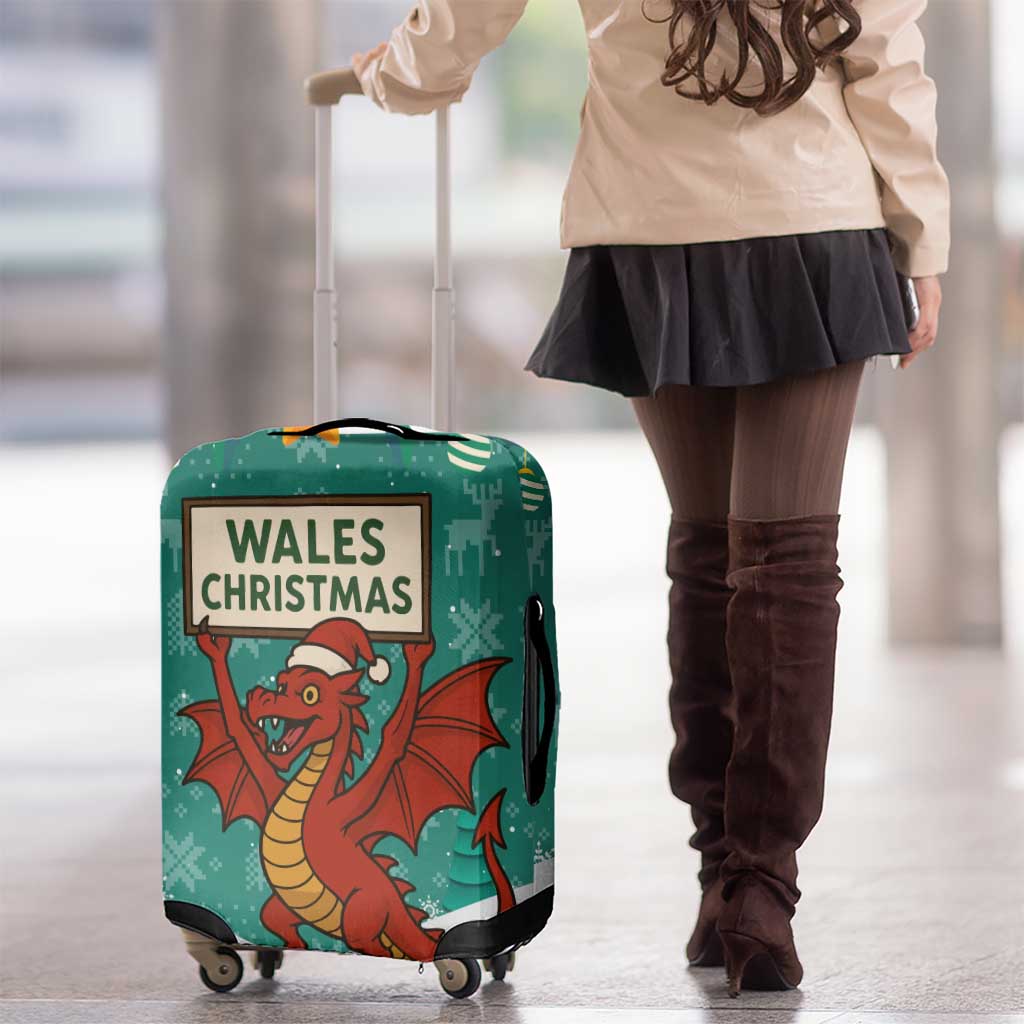 Wales Christmas Luggage Cover with Red Dragon Santa Sleigh and Festive Green Snowflake TS04