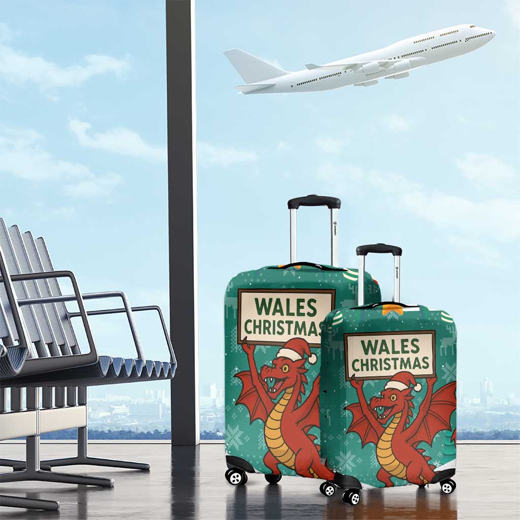Wales Christmas Luggage Cover with Red Dragon Santa Sleigh and Festive Green Snowflake TS04