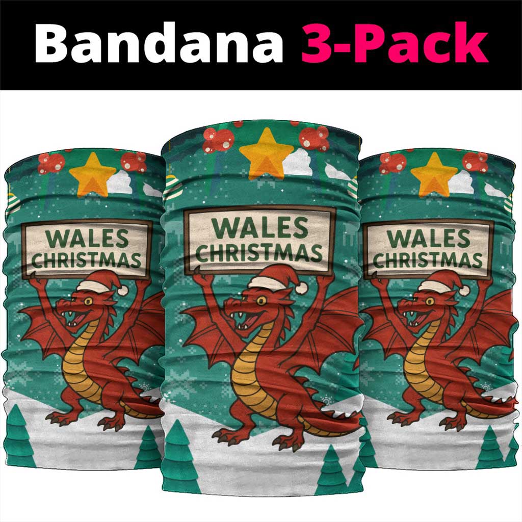Wales Christmas Neck Gaiter with Red Dragon Santa Sleigh and Festive Green Snowflake TS04