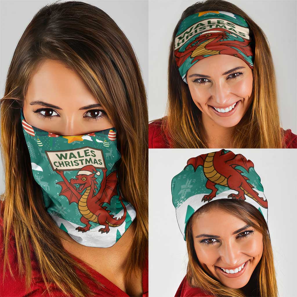 Wales Christmas Neck Gaiter with Red Dragon Santa Sleigh and Festive Green Snowflake TS04