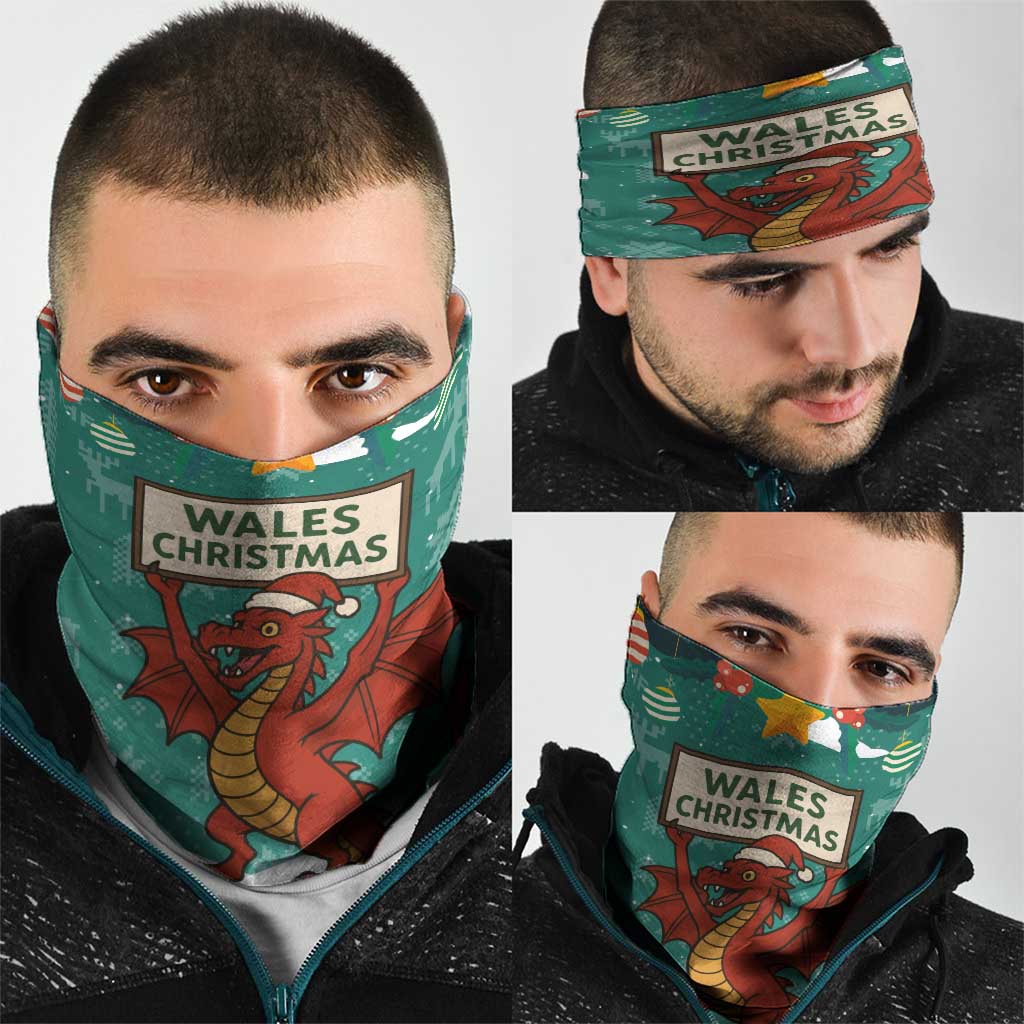 Wales Christmas Neck Gaiter with Red Dragon Santa Sleigh and Festive Green Snowflake TS04
