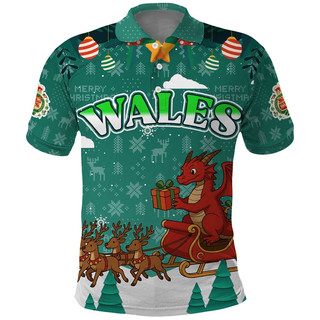 Wales Christmas Polo Shirt with Red Dragon Santa Sleigh and Festive Green Snowflake TS04