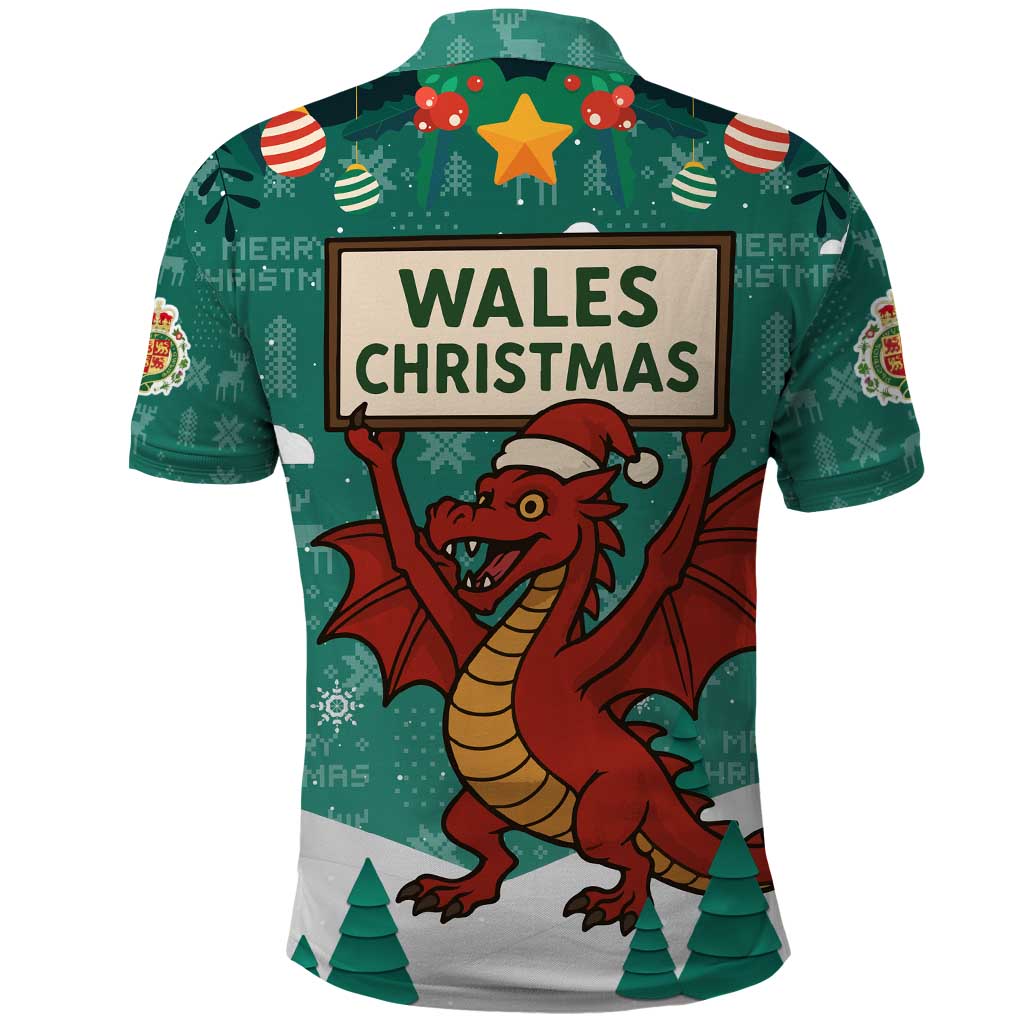 Wales Christmas Polo Shirt with Red Dragon Santa Sleigh and Festive Green Snowflake TS04
