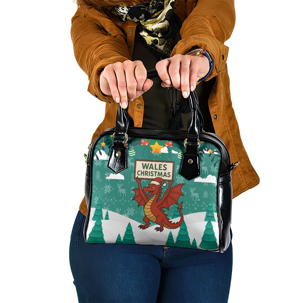 Wales Christmas Shoulder Handbag with Red Dragon Santa Sleigh and Festive Green Snowflake TS04