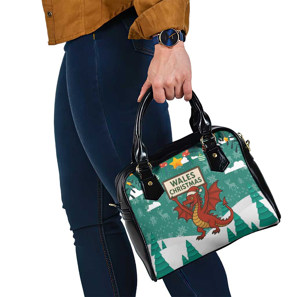 Wales Christmas Shoulder Handbag with Red Dragon Santa Sleigh and Festive Green Snowflake TS04