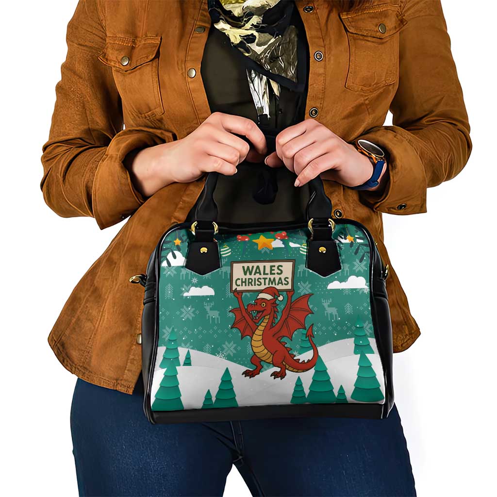 Wales Christmas Shoulder Handbag with Red Dragon Santa Sleigh and Festive Green Snowflake TS04