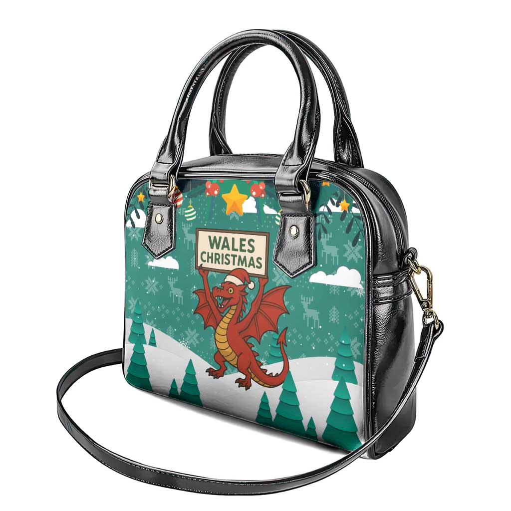 Wales Christmas Shoulder Handbag with Red Dragon Santa Sleigh and Festive Green Snowflake TS04