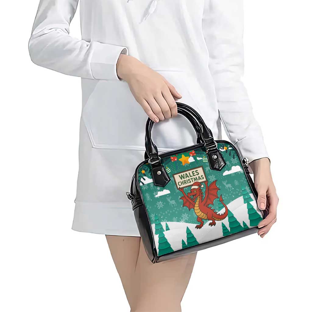 Wales Christmas Shoulder Handbag with Red Dragon Santa Sleigh and Festive Green Snowflake TS04