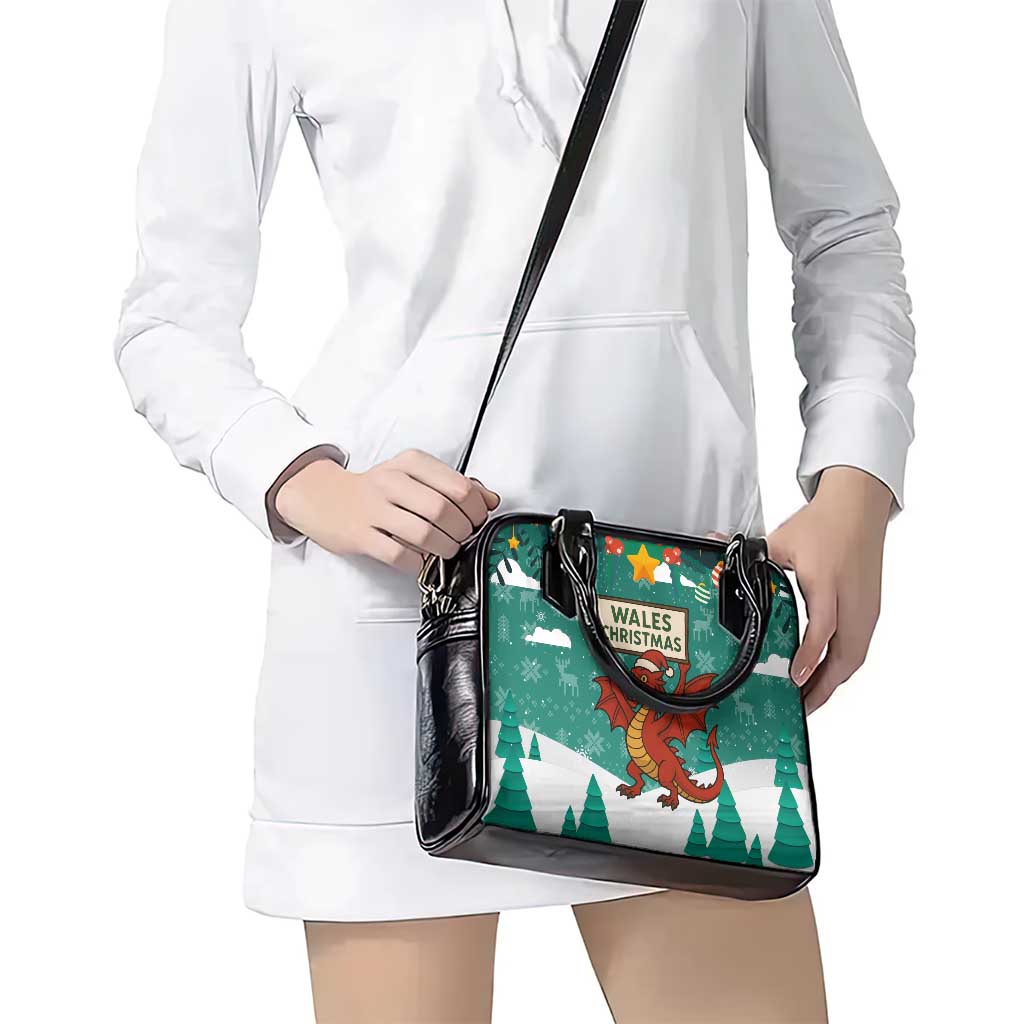 Wales Christmas Shoulder Handbag with Red Dragon Santa Sleigh and Festive Green Snowflake TS04