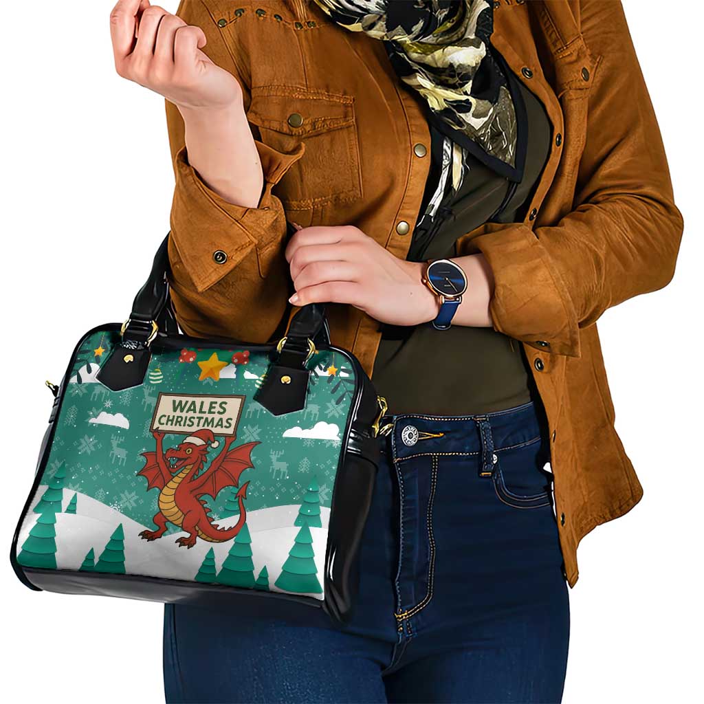 Wales Christmas Shoulder Handbag with Red Dragon Santa Sleigh and Festive Green Snowflake TS04