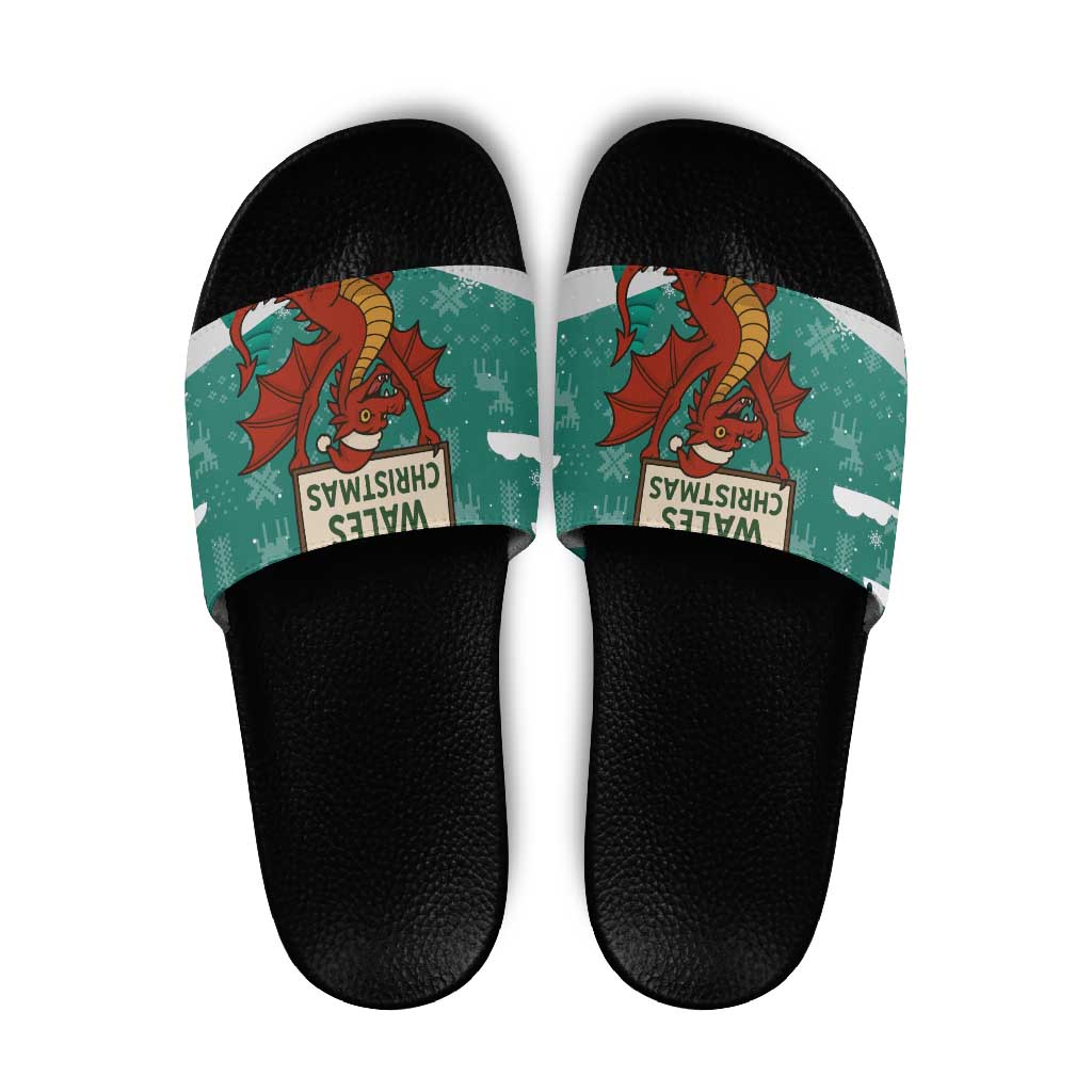 Wales Christmas Slide Sandals with Red Dragon Santa Sleigh and Festive Green Snowflake TS04