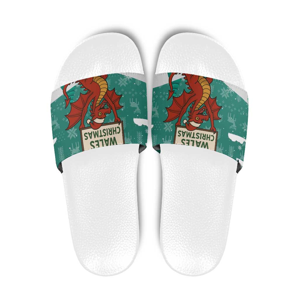 Wales Christmas Slide Sandals with Red Dragon Santa Sleigh and Festive Green Snowflake TS04