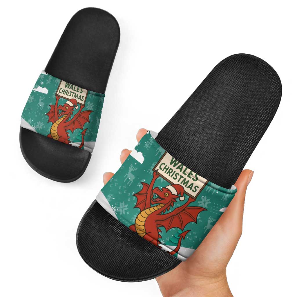 Wales Christmas Slide Sandals with Red Dragon Santa Sleigh and Festive Green Snowflake TS04
