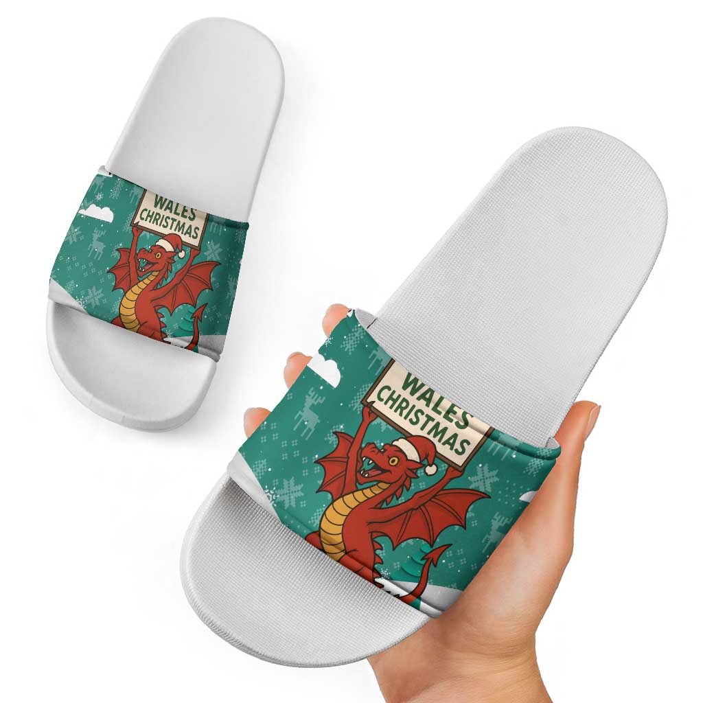 Wales Christmas Slide Sandals with Red Dragon Santa Sleigh and Festive Green Snowflake TS04