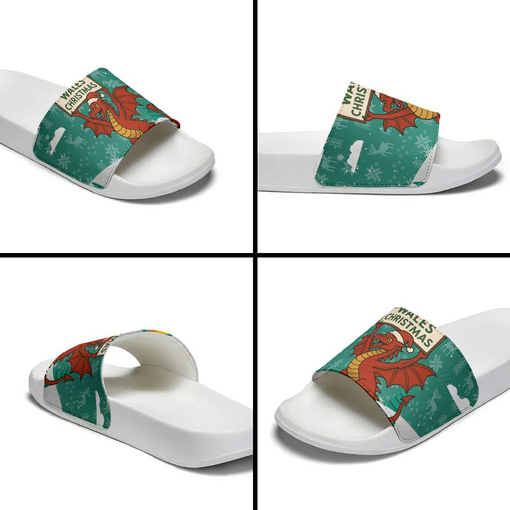 Wales Christmas Slide Sandals with Red Dragon Santa Sleigh and Festive Green Snowflake TS04