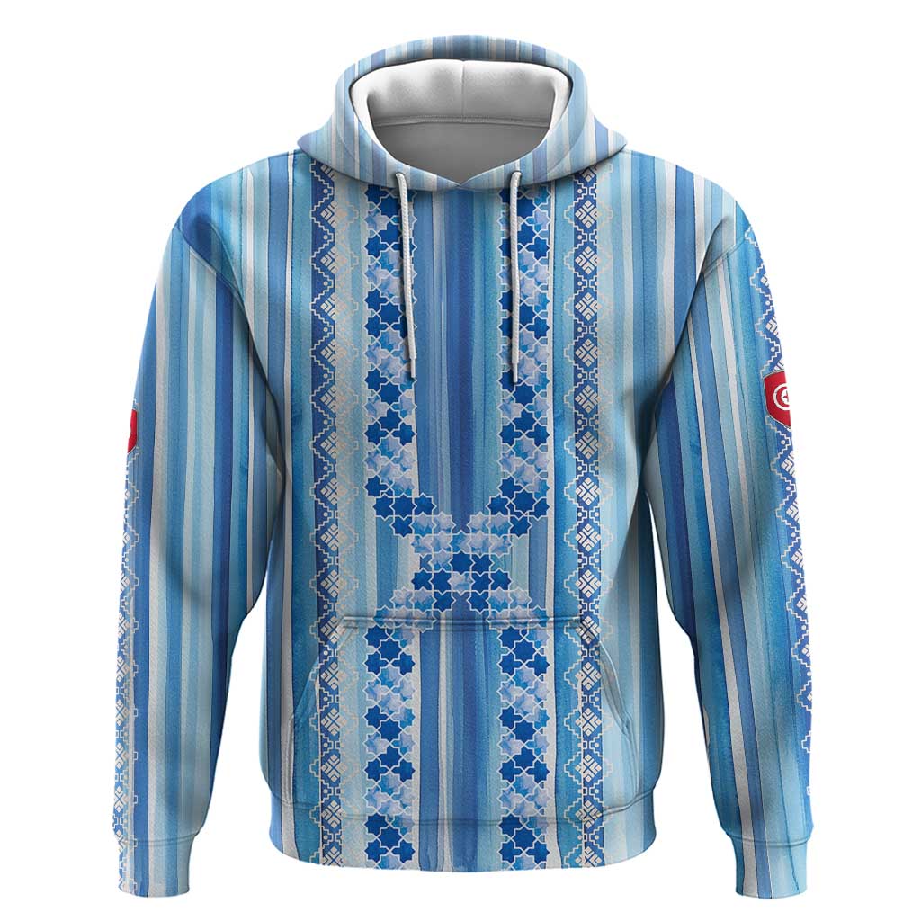 Tunisian Mosaic Pattern Hoodie with Blue Stripes and Traditional Tile Design TS04