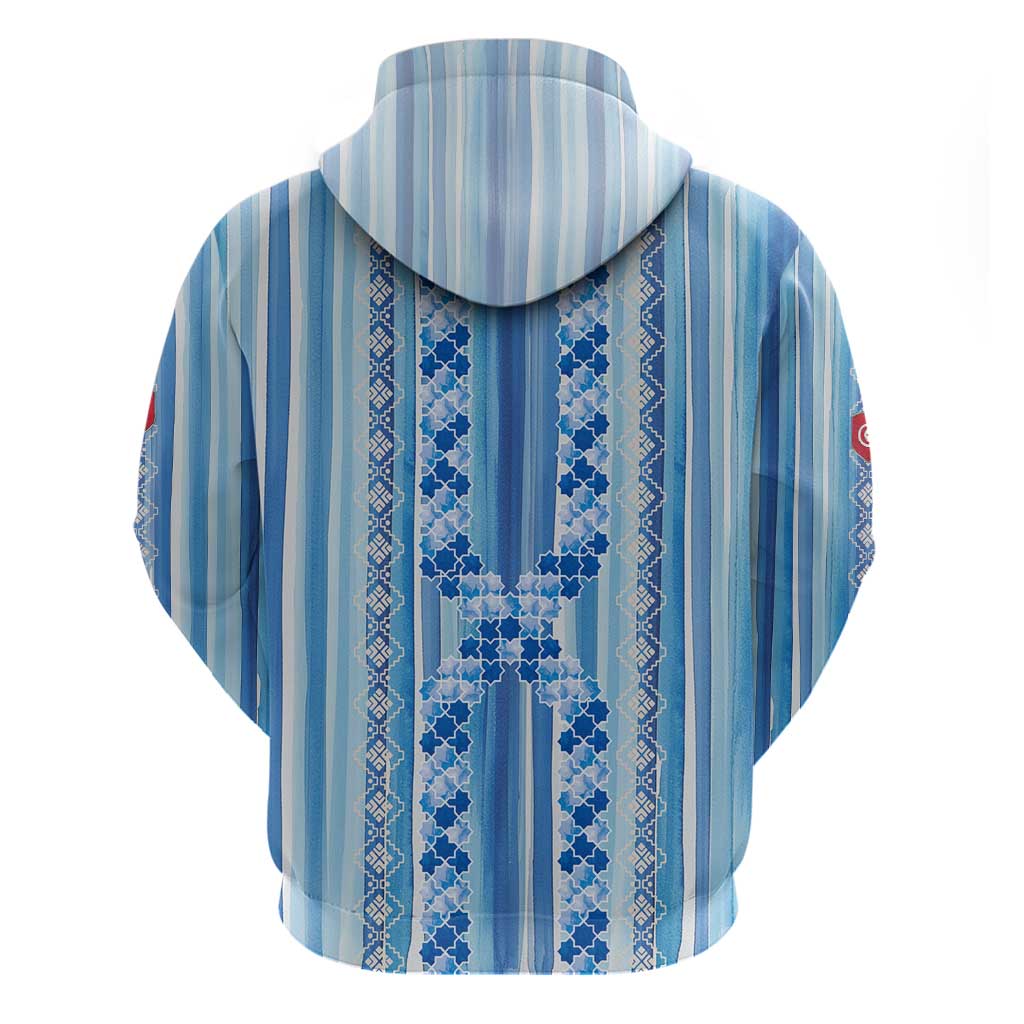 Tunisian Mosaic Pattern Hoodie with Blue Stripes and Traditional Tile Design TS04