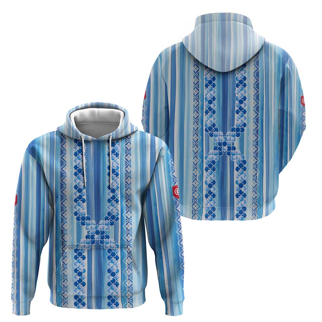 Tunisian Mosaic Pattern Hoodie with Blue Stripes and Traditional Tile Design TS04