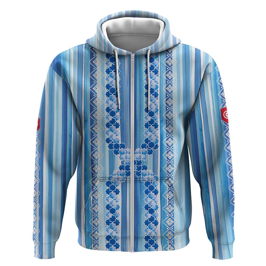 Tunisian Mosaic Pattern Hoodie with Blue Stripes and Traditional Tile Design TS04