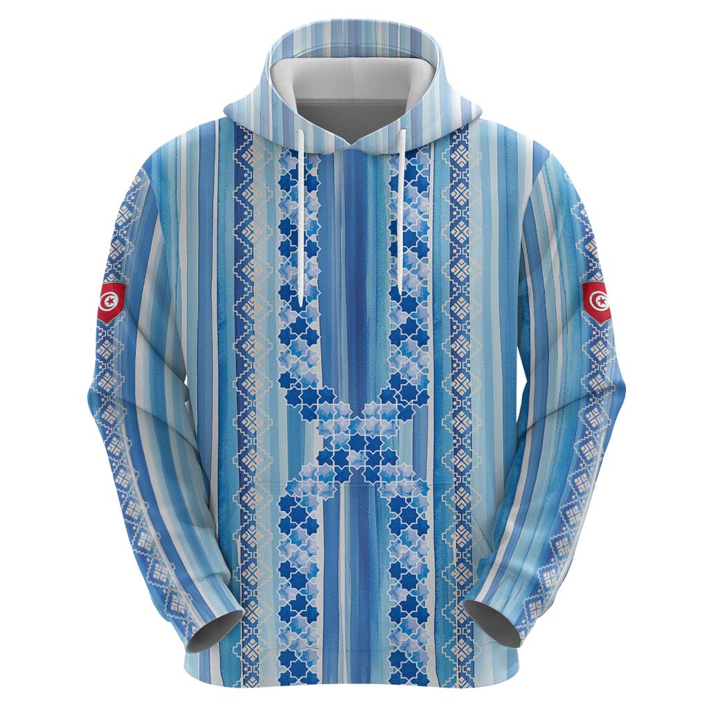 Tunisian Mosaic Pattern Hoodie with Blue Stripes and Traditional Tile Design TS04