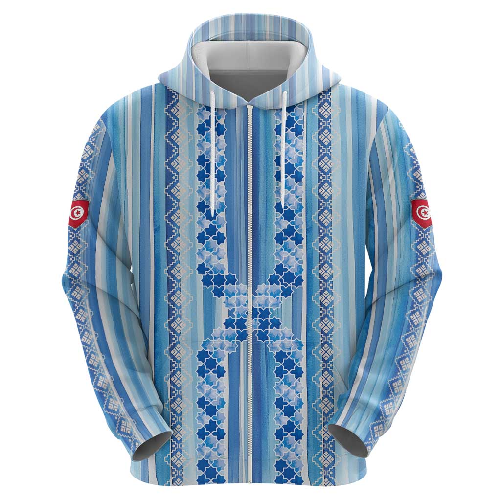 Tunisian Mosaic Pattern Hoodie with Blue Stripes and Traditional Tile Design TS04