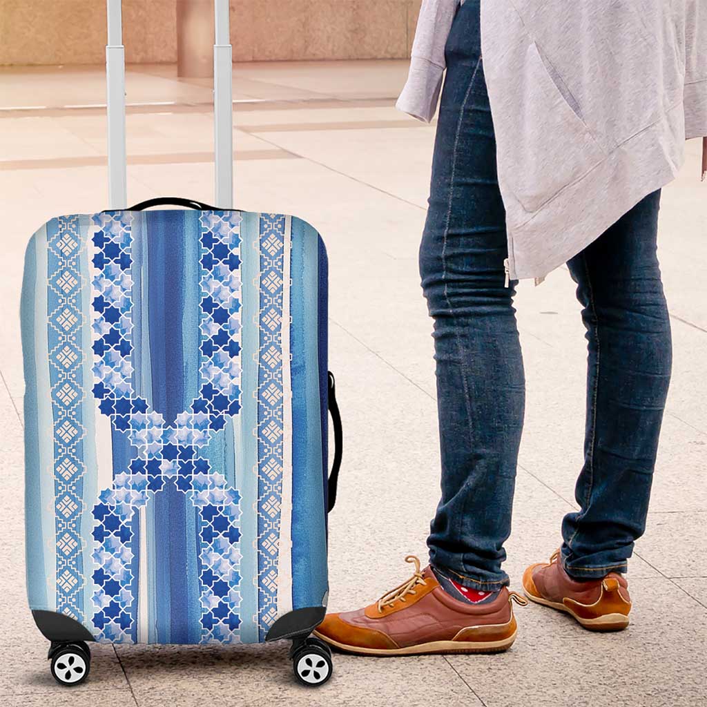 Tunisian Mosaic Pattern Luggage Cover with Blue Stripes and Traditional Tile Design TS04